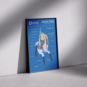 May include: Framed poster featuring a blueprint-style illustration of a "Sentry Turret" from the game Portal. The poster has a blue background with white and black details, and the Aperture Laboratories logo.