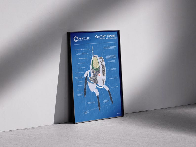 May include: Framed poster featuring a blueprint-style illustration of a "Sentry Turret" from the game Portal. The poster has a blue background with white and black details, and the Aperture Laboratories logo.