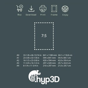 May include: Dark gray graphic with icons for Buy, Download, Print, Frame, and Enjoy. A dotted rectangle with "7:5" inside. Below are size options in inches and millimeters, including A0 (33-1/8 x 46-13/16 in) and A4 (8-1/4 x 11-3/4 in). The logo for hyp3D is at the bottom.