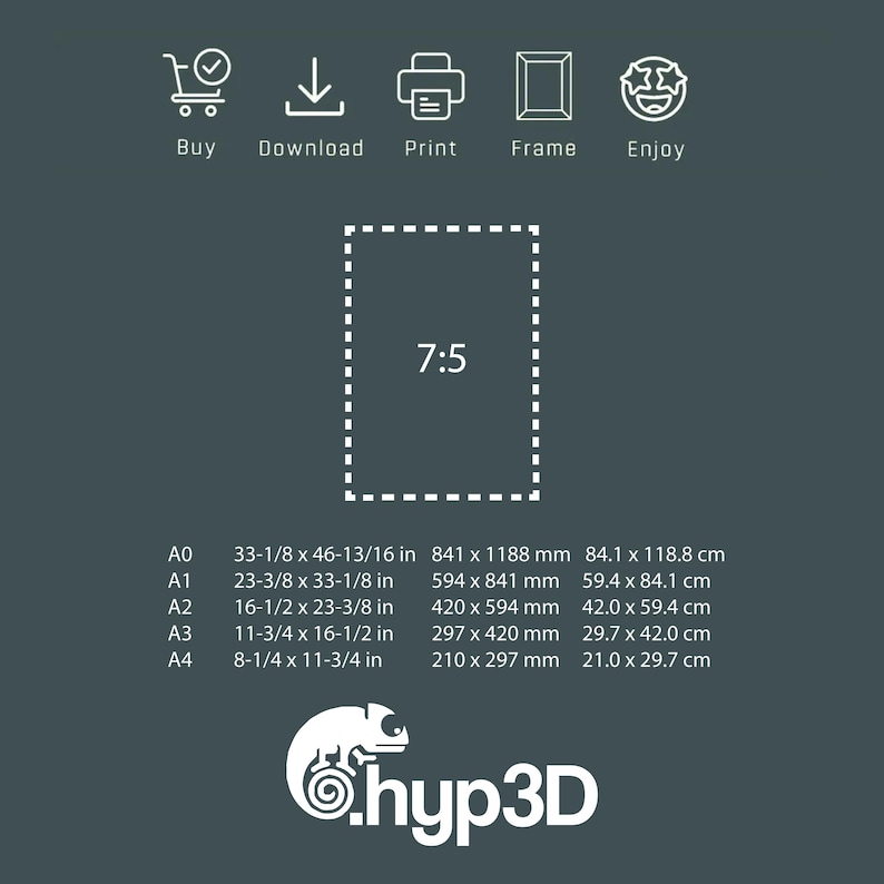 May include: Dark gray graphic with icons for Buy, Download, Print, Frame, and Enjoy. A dotted rectangle with "7:5" inside. Below are size options in inches and millimeters, including A0 (33-1/8 x 46-13/16 in) and A4 (8-1/4 x 11-3/4 in). The logo for hyp3D is at the bottom.