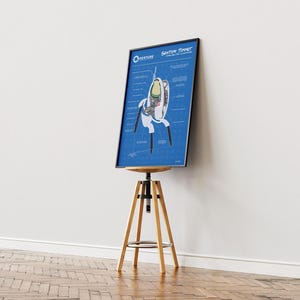 May include: A framed blueprint-style poster featuring a detailed diagram of a "Sentry Turret" from the video game Portal. The poster is displayed on a wooden and metal adjustable stool against a white wall and wooden floor.