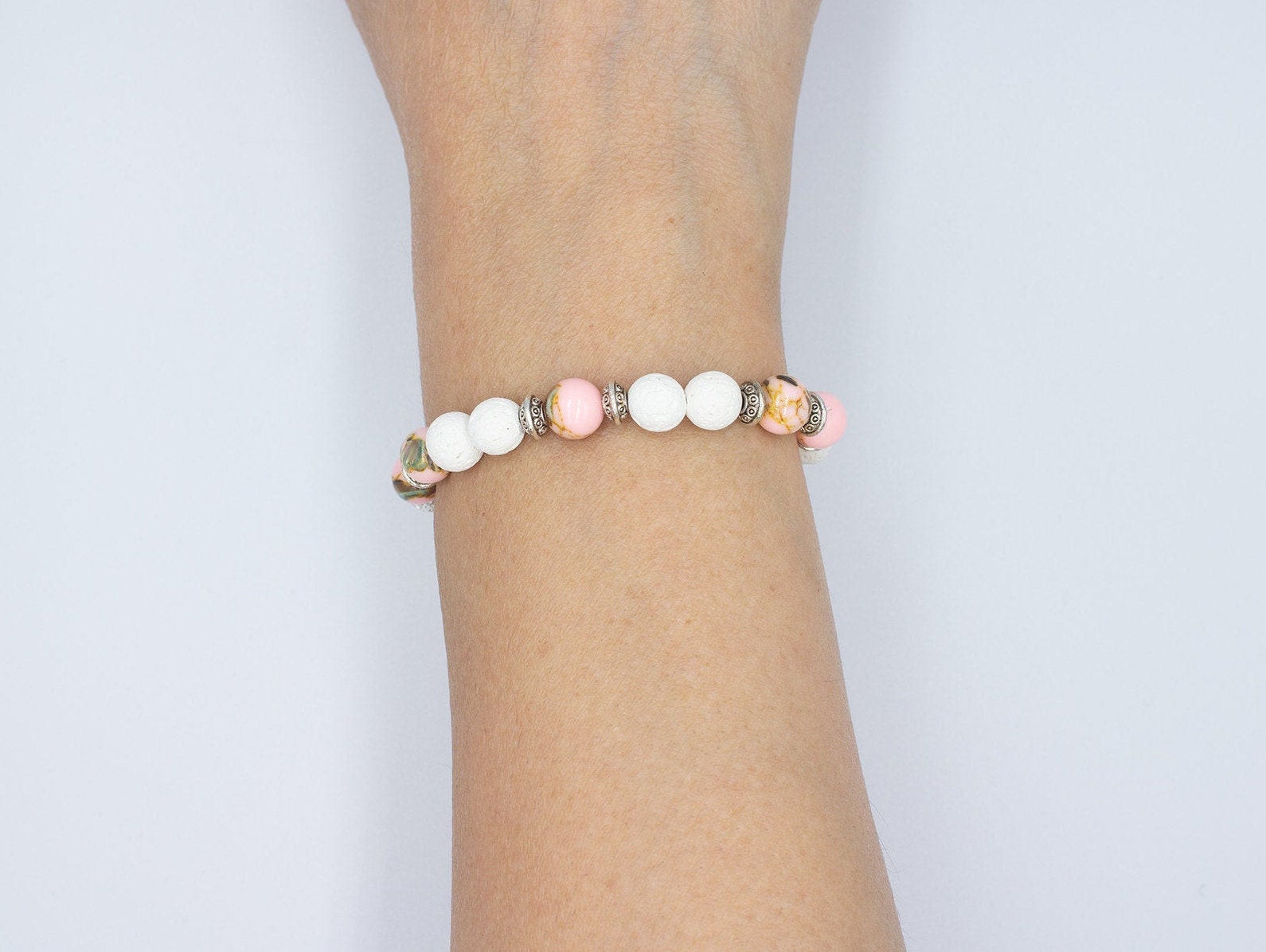 Vivacity Pink Howlite Beads and Silver & White Lava Stone Aromatherapy ...