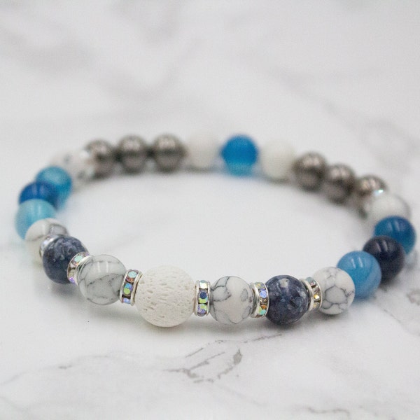 Vivacity Spot Jaspers, White Howlite, Blue Zircon and White Lava Stone Aromatherapy Bracelet