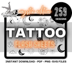 May include: A digital illustration of 259 tattoo flash sheet designs in a mystical theme. The designs include moons, stars, flowers, and other celestial elements. The text "mystic edition" and "259 designs" are visible in the image.