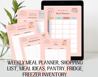 Paquete de 5 planificadores de comidas semanales / Lista de compras e inventario de cocina imprimible / Menú de plan de comidas / Rastreadores de planificación de comidas ¡Organícese con estilo!