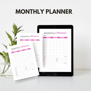 Könnte beinhalten: Drei druckbare monatliche Planer-Vorlagen mit rosa Akzenten. Die Vorlagen beinhalten ein Kalenderraster, eine To-Do-Liste, einen Bereich für Ziele und einen Notizbereich.