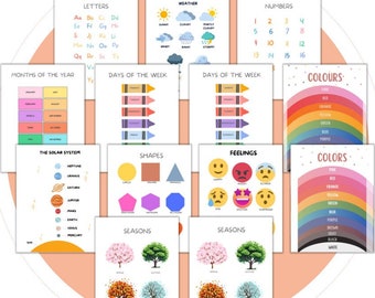 Conjunto de pôsteres coloridos de sala de aula com arco-íris, conjunto de 10! Ensino fundamental | Pré-escola | Sala de jogos | Educação domiciliar | Berçário | Decoração de parede para impressão Jardim de infância