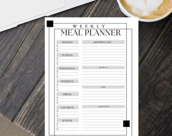 Simple elegant weekly meal planner, shopping list printable, weekly meal planner printable, healthy eating tracker, journal insert,