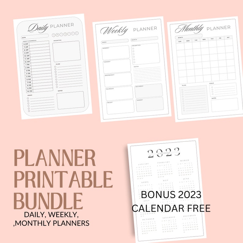 Printable Planner Bundle Set of 4, Daily Weekly Monthly Planner Bundle ...