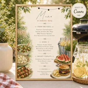 May include: A rectangular menu sign for a Summer BBQ featuring a cream background with green foliage borders, string lights, and illustrations of food items including a burger, skewers, salad, and watermelon slices with printed text.