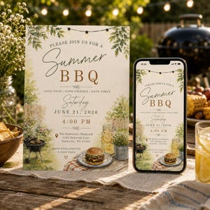 May include: A printed invitation and a smartphone displaying a digital version of a Summer BBQ invitation. The design features watercolor illustrations of a grill, a burger, and lemonade, with text reading Please Join Us For A Summer BBQ, June 21, 2026.