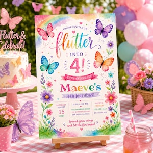May include: A rectangular birthday invitation sign featuring a watercolor rainbow, colorful butterflies, and floral illustrations. The text reads: You're invited to flutter into 4! Maeve's 4th birthday, Saturday August 15 2025, 2:00-4:00 PM, The Anderson Home, 121 Butterfly Lane, San Diego, CA 92101, RSVP to Megan 555-123-4567 by August 9th, Spread your wings and let the fun begin!