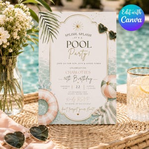 May include: A pool party invitation with a watercolor design. The invitation features the text "Splish, Splash, It's a Pool Party!" and details for a 16th birthday celebration. The design includes a beach umbrella, sunglasses, and a life preserver.
