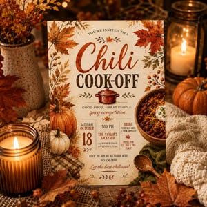 May include: A rectangular invitation card for a Chili Cook-Off featuring autumn leaf illustrations, a small pot graphic, and text details including the date October 18, time 3:00 PM, location at The Taylor's Backyard, and RSVP information for Jen.