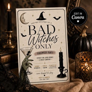 Inbjudan till Halloweenfest med onda häxor, redigerbar Canva-mall (nedladdning direkt)