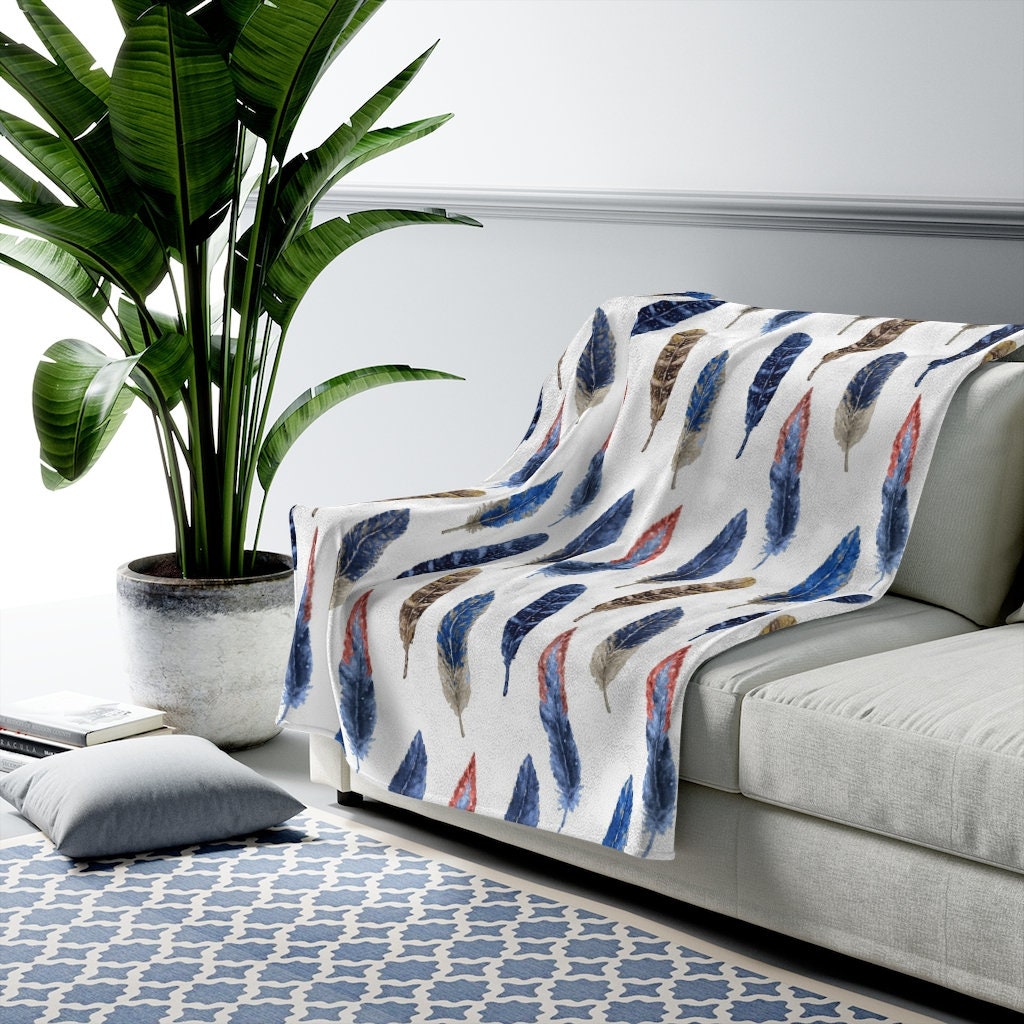Feathers Printed Blanket 3 Sizes White Blanket Throw Etsy