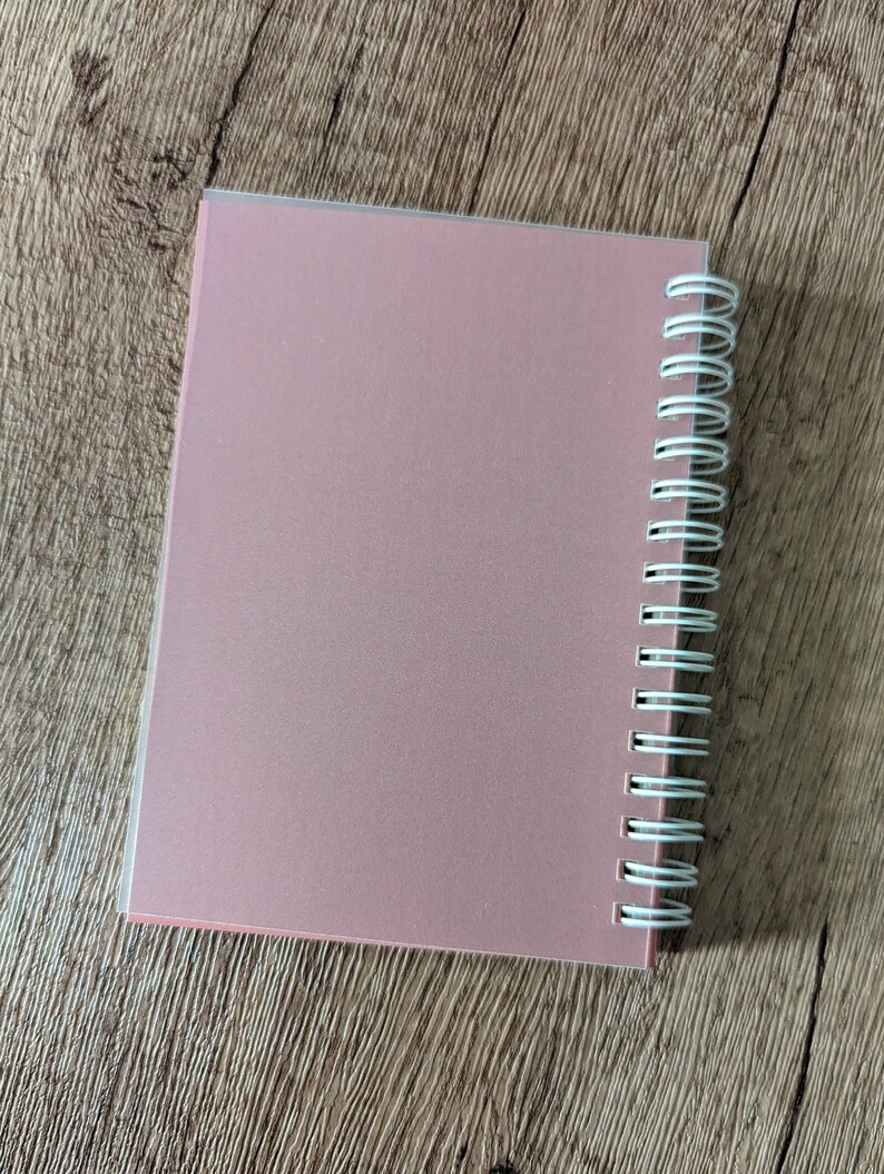 May include: A pink spiral bound notebook with a clear plastic cover.