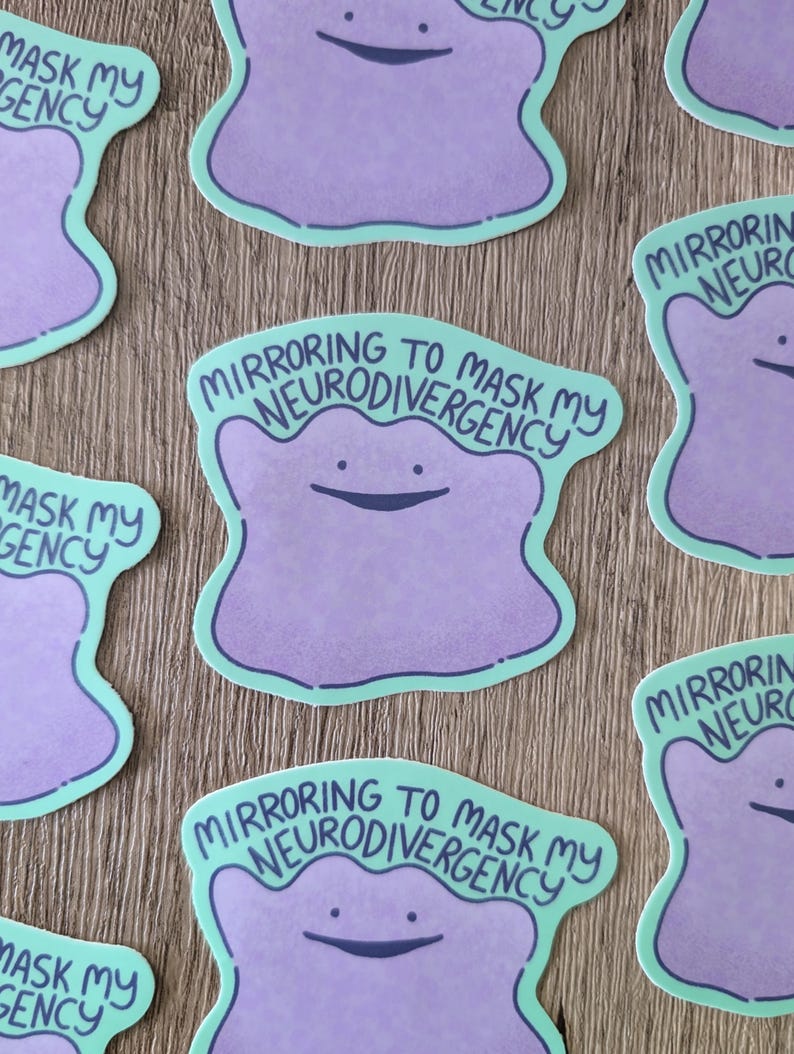 May include: Five stickers featuring a purple cartoon character with a light blue outline. The character is a blob with a smiling face. The stickers have the text "Mirroring to mask my neurodivergency" on them.