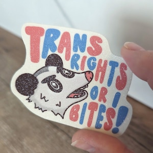 May include: A sticker with a cartoon opossum and the text "TRANS RIGHTS OR I BITES!" in red and blue. The opossum is white and gray with a black ear and is smiling with its teeth showing.