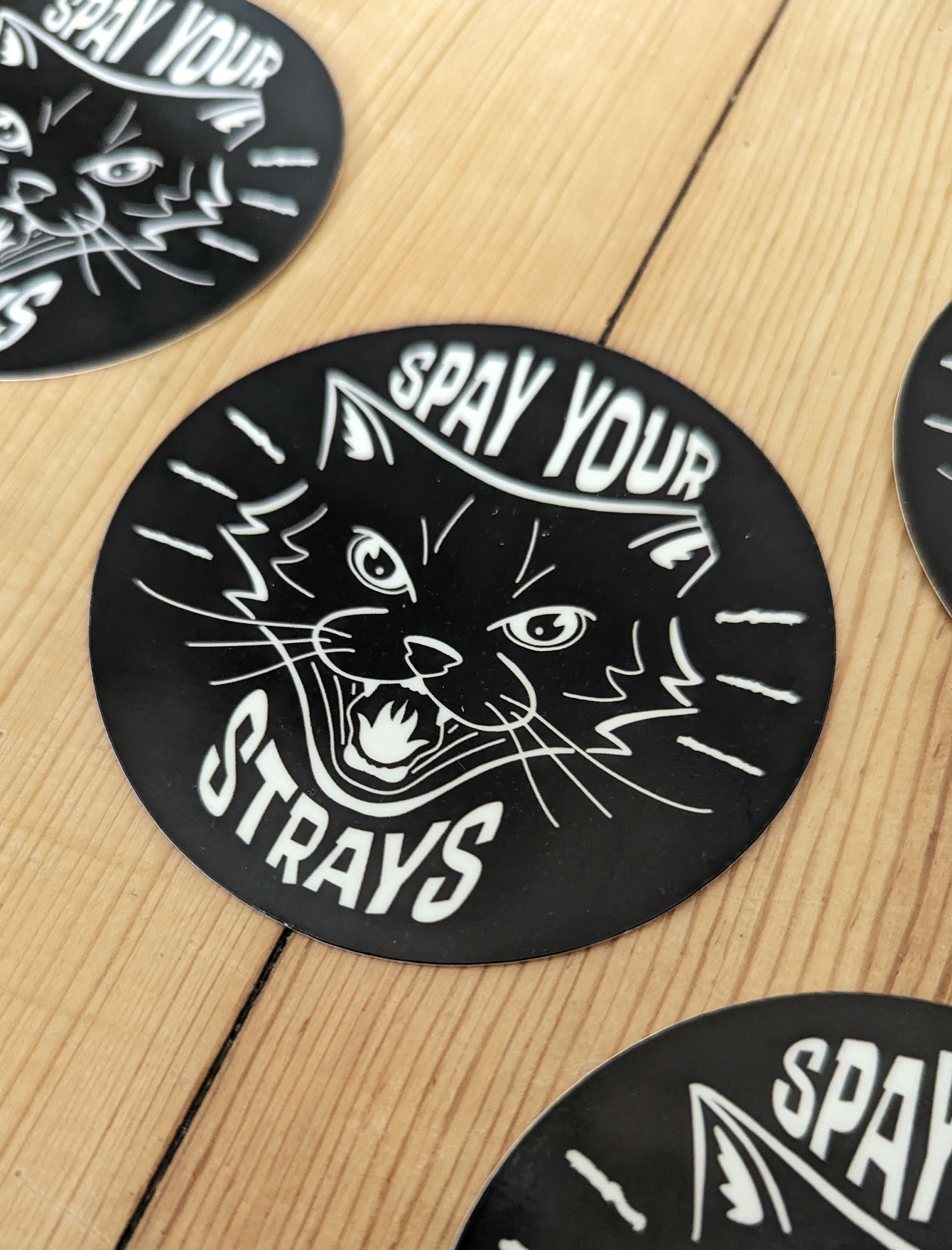 Spay Your Strays - Hissing Cat Vinyl Laminate Sticker Feral TNR Neuter Rescue