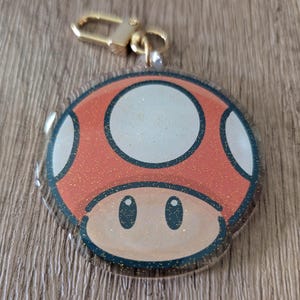 Mario Mushroom - Cute Video Game Glitter Epoxy Acrylic Keychain Charm