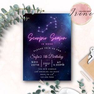 Zodiac Invitation, Your Zodiac Season Is Here Birthday Invitation, Zodiac Constellation Invitation, Galaxy Stars