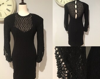 Vintage 80s Black Lace Dress Vintage 80s Party Dress Vintage Beaded Dress Black Sheer Sexy Black Dress 80's Evening Dress Size Medium