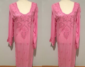 Vintage Pink Pastel Beaded Floral Embroidered Kaftan Dress Y2K 90's Shear Dress Kaftan Dress Size Medium-Large Beach Cover Up Beaded Dress