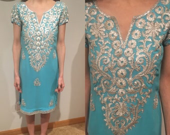 Vintage 60’s Aqua Blue Dress Size Extra Extra Small Vintage Silver Embroidered Dress Vintage Silver Dress Jeweled Dress Chiffon Dress 60's