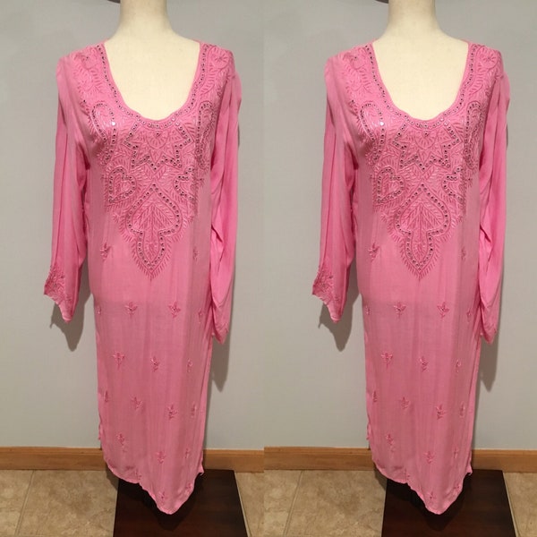 Vintage Pink Pastel Beaded Floral Embroidered Kaftan Dress Y2K 90's Shear Dress Kaftan Dress Size Medium-Large Beach Cover Up Beaded Dress