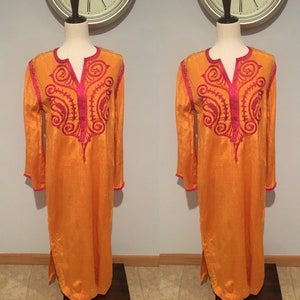 Vintage Embroidered Kaftan Dress Orange Red Pink Kaftan Embroidered Kaftan Dress Indian Dress Size Large to Extra Large