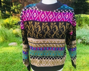 Vintage Sweater 1980's Sweater Nordic Sweater Geometric  Sweater Winter Sweater Bold Neon Sweater Size Extra Small- Small