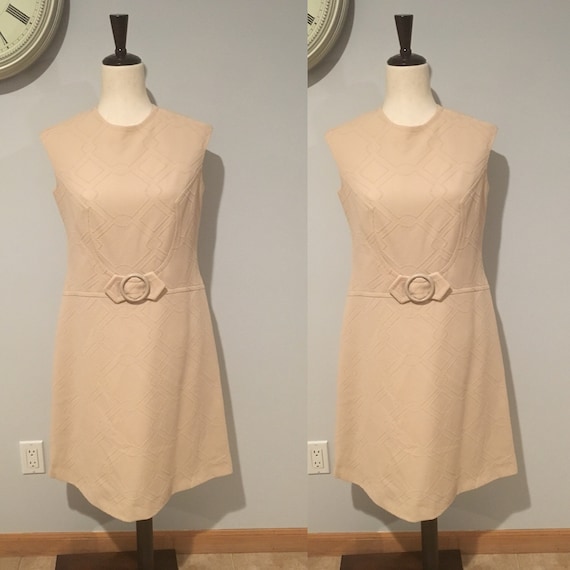 Nude Beige Cream 1960's Belted Shift Dress Swingi… - image 1