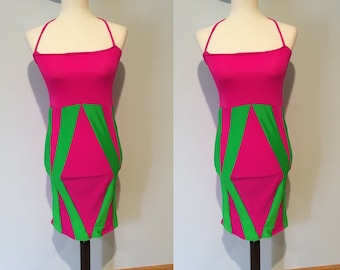 Vintage Neon Pink Dress Size Extra Small-Small 80's Dress Neon Pink Neon Green Dress Sexy 80's Dress