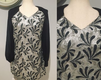1970's Sparkle Glitter Dress 70's Floral Embroidered Dress Studio 54 Dress Metallic Sparkly Dress Size Medium- Larger Small