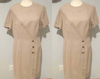 Vintage Late 60's Early 70's 1930's/1940's Inspired Dress Beige Buttoned Dress Vintage Short Sleeve Dress Large- Medium Large