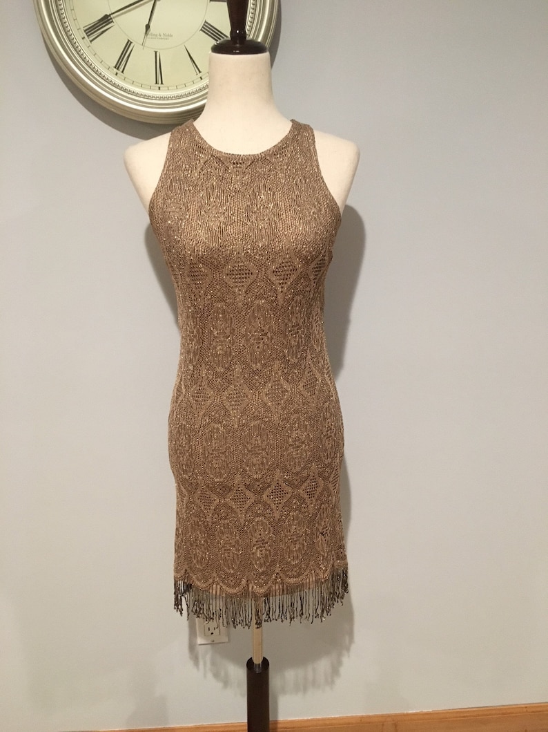 Gold Glitter 90's Sweater Knitted Dress Size Extra Small-Small Vintage Gold Dress Fringe Dress image 2