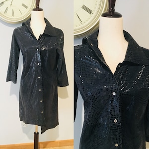 1990&#39;s Navy Blue Faux Leather Shirtdress Italian Made Milano Faux Printed Dress Faux Leather Dress Size Small- Small Medium
