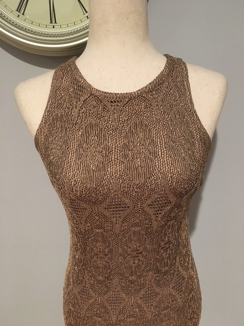 Gold Glitter 90's Sweater Knitted Dress Size Extra Small-Small Vintage Gold Dress Fringe Dress image 3