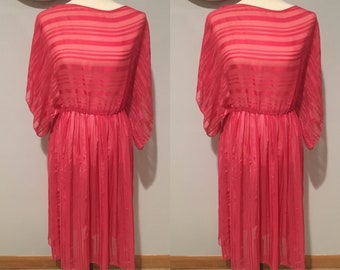 70’s Pink Beach Cover Up Dress Beach Cover Up Size Small-Medium Studio 54  Vintage 70's Short Sleeved Dress See Through Striped Dress