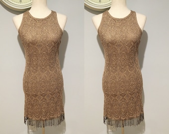 Gold Glitter 90's Sweater Knitted Dress  Size Extra Small-Small Vintage Gold Dress Fringe Dress