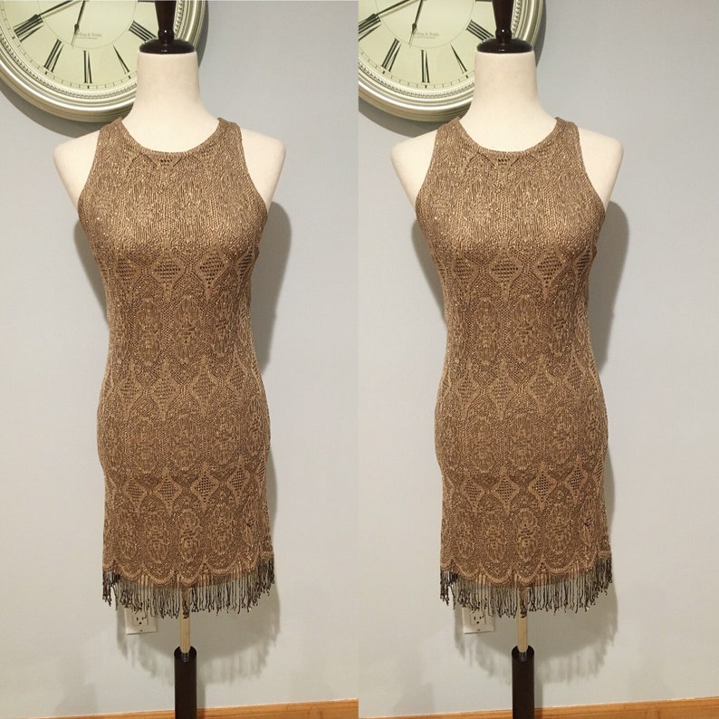 Gold Glitter 90's Sweater Knitted Dress Size Extra Small-Small Vintage Gold Dress Fringe Dress image 1