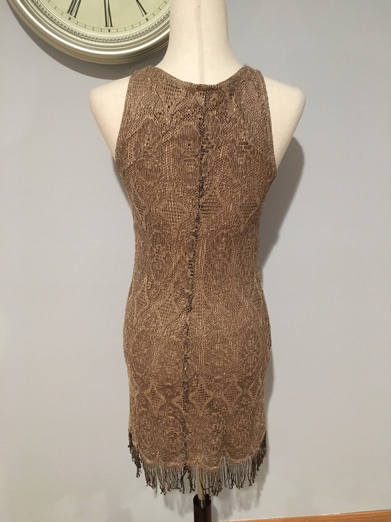 Gold Glitter 90's Sweater Knitted Dress Size Extra Small-Small Vintage Gold Dress Fringe Dress image 9