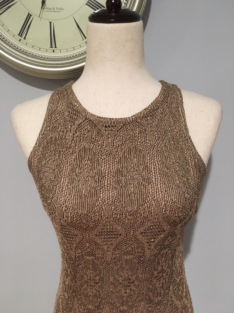 Gold Glitter 90's Sweater Knitted Dress Size Extra Small-Small Vintage Gold Dress Fringe Dress image 5