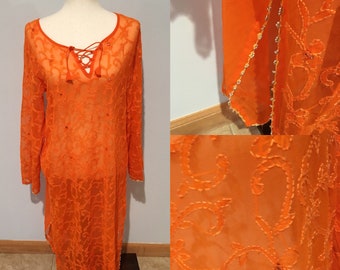 Vintage Size Medium-Medium/Large  Orange Tangerine Kaftan Beach Cover Up Dress  See Through Kaftan Vibrant Orange Dress