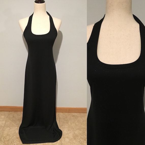 Vintage 90's/Y2K Black Glitter Halter Evening Gown Black Prom Gown Vintage 90's Y2K Prom Gown Vintage Glitter Gown 90's Minimalist Gown