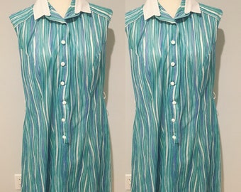 1990's Meets 1960's Buttoned Down Babydoll Styled Dress Size Medium-Large Turquoise Aqua  Blue  Vertical Stripped Dress