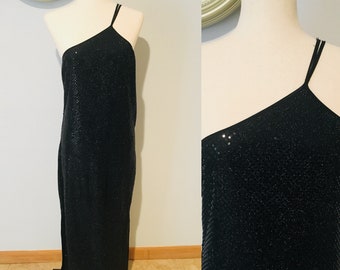 1990's Prom Gown Vintage Timeless 1990's One Shoulder Black Sequin Evening Gown Dalmy  Dress Black Sparkle Gown Size Medium- Large