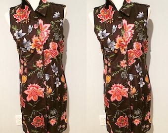 Size Small 1990's Express Dress Vintage 1990's Floral Dress Vintage 90's Utility Button Down Shirt Dress Short Sleeved Buttoned Down
