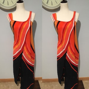 Vintage Psychadelic Swirly Printed Dress Vintage Psychedelic Printed Sundress Vintage Sundress Orange Red Dress Size Extra Small-Small